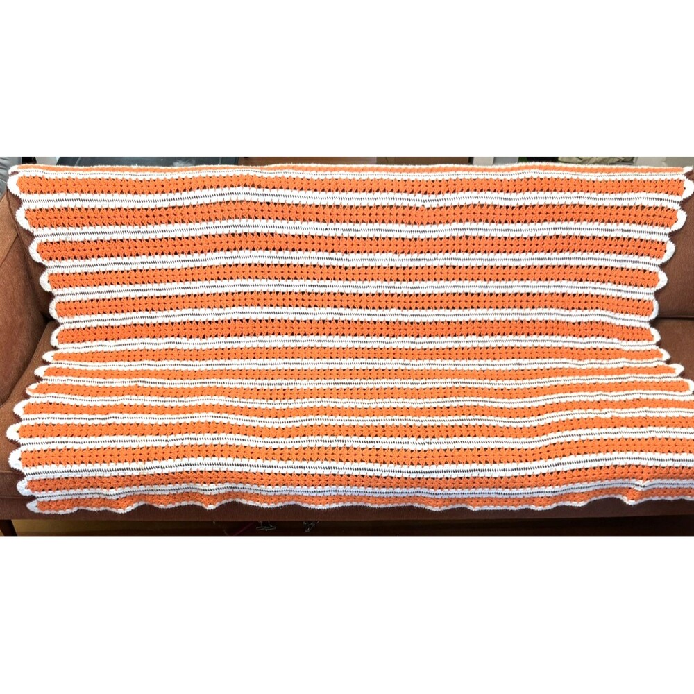 1970s Vintage Orange & White Crochet Afghan  Blanket Throw 75”X48”